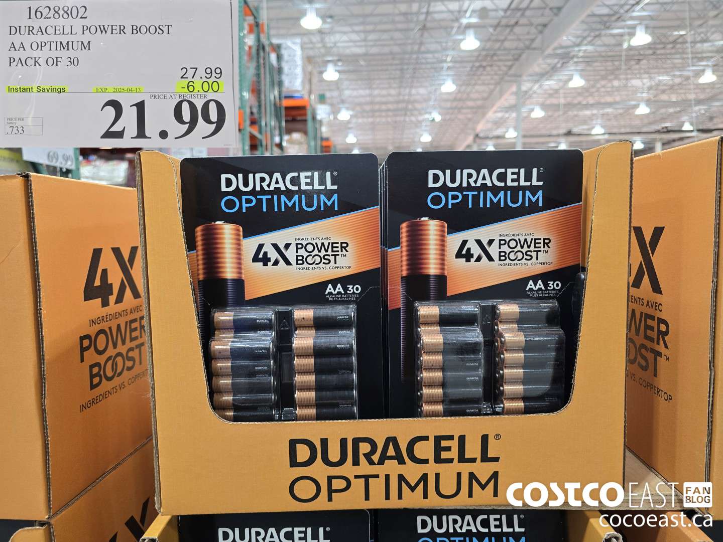 1628802 DURACELL POWER BOOST AA OPTIMUM PACK OF 30 ($6.00 INSTANT SAVINGS EXPIRES ON 2025-04-13) $21.99