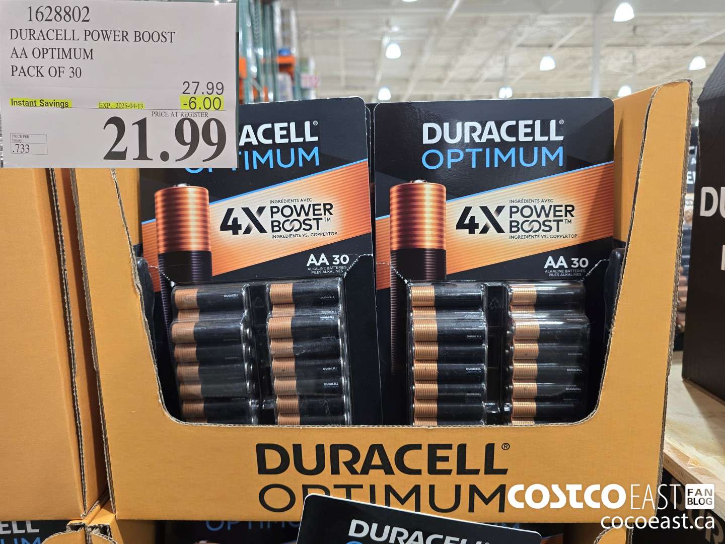 1628802 DURACELL POWER BOOST AA OPTIMUM PACK OF 30 ($6.00 INSTANT SAVINGS EXPIRES ON 2025-04-13) $21.99