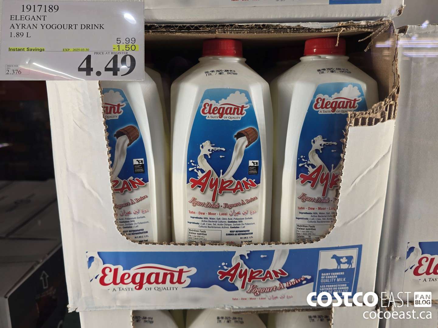 1917189 ELEGANT AYRAN YOGOURT DRINK 1.89 L  ($1.50 INSTANT SAVINGS EXPIRES ON 2025-03-30) $4.49