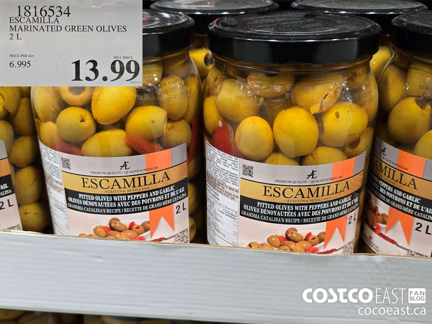 1816534 ESCAMILLA MARINATED GREEN OLIVES 2 L $13.99