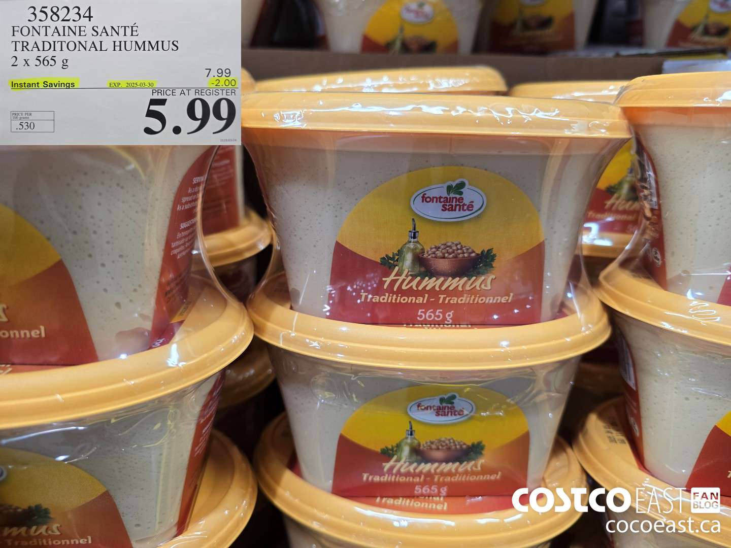 358234 FONTAINE SANTE TRADITIONAL HUMMUS 2x 565 G ($2.00 INSTANT SAVINGS EXPIRES ON 2025-03-30) $5.99