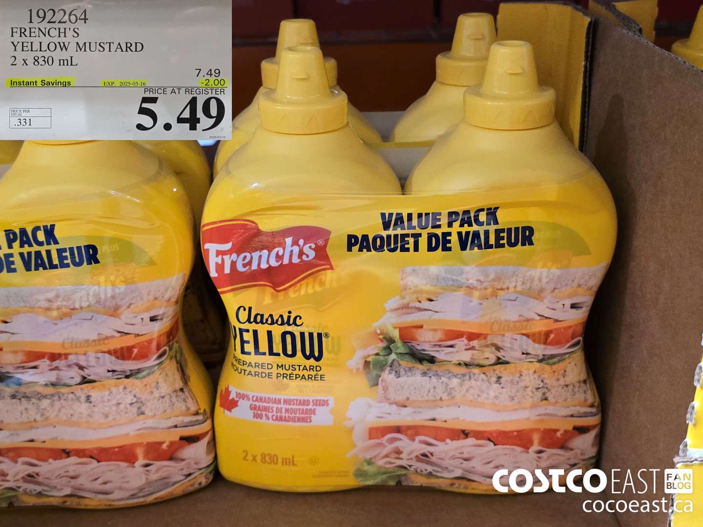 192264 FRENCH'S YELLOW MUSTARD 2 X 830 ML ($2.00 INSTANT SAVINGS EXPIRES ON 2025-03-16) $5.49