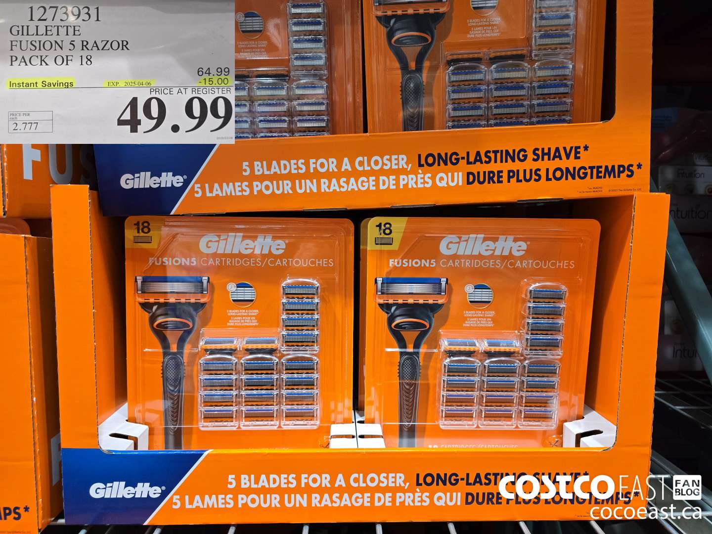 1273931 GILLETTE FUSION 5 CARTRIDGES PACK OF 18 ($15.00 INSTANT SAVINGS EXPIRES ON 2025-04-06) $49.99