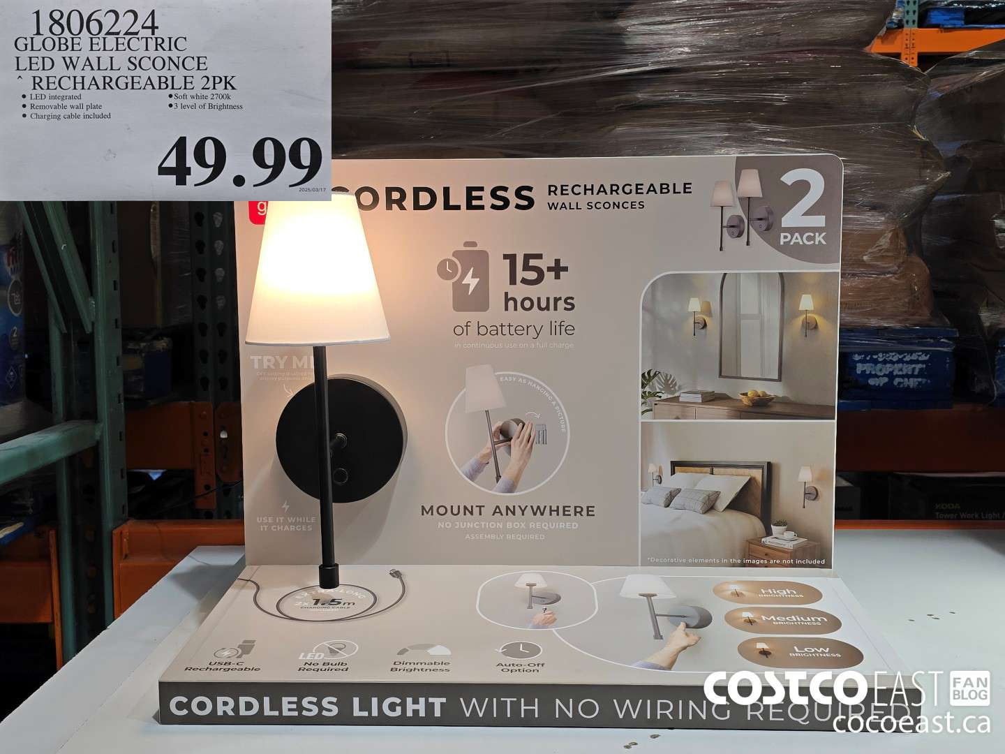 1806224 GLOBE ELECTRIC LED WALL SCONCE RECHARGEABLE 2PK $49.99