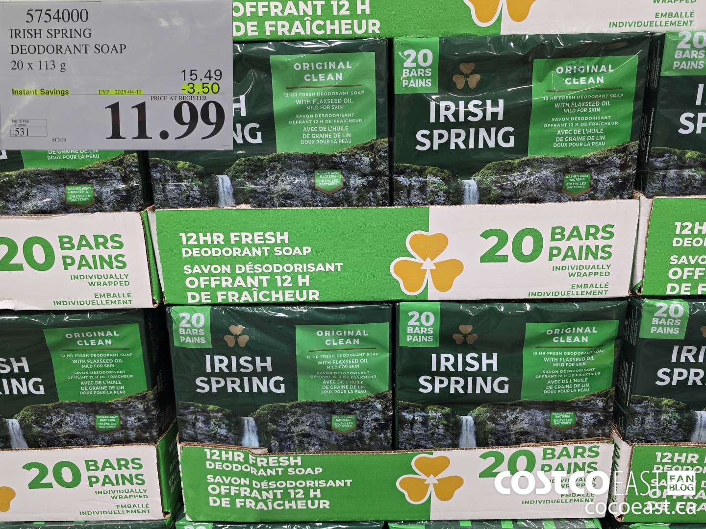 5754000 IRISH SPRING DEODORANT SOAP 20 X 113 G ($3.50 INSTANT SAVINGS EXPIRES ON 2025-04-13) $11.99