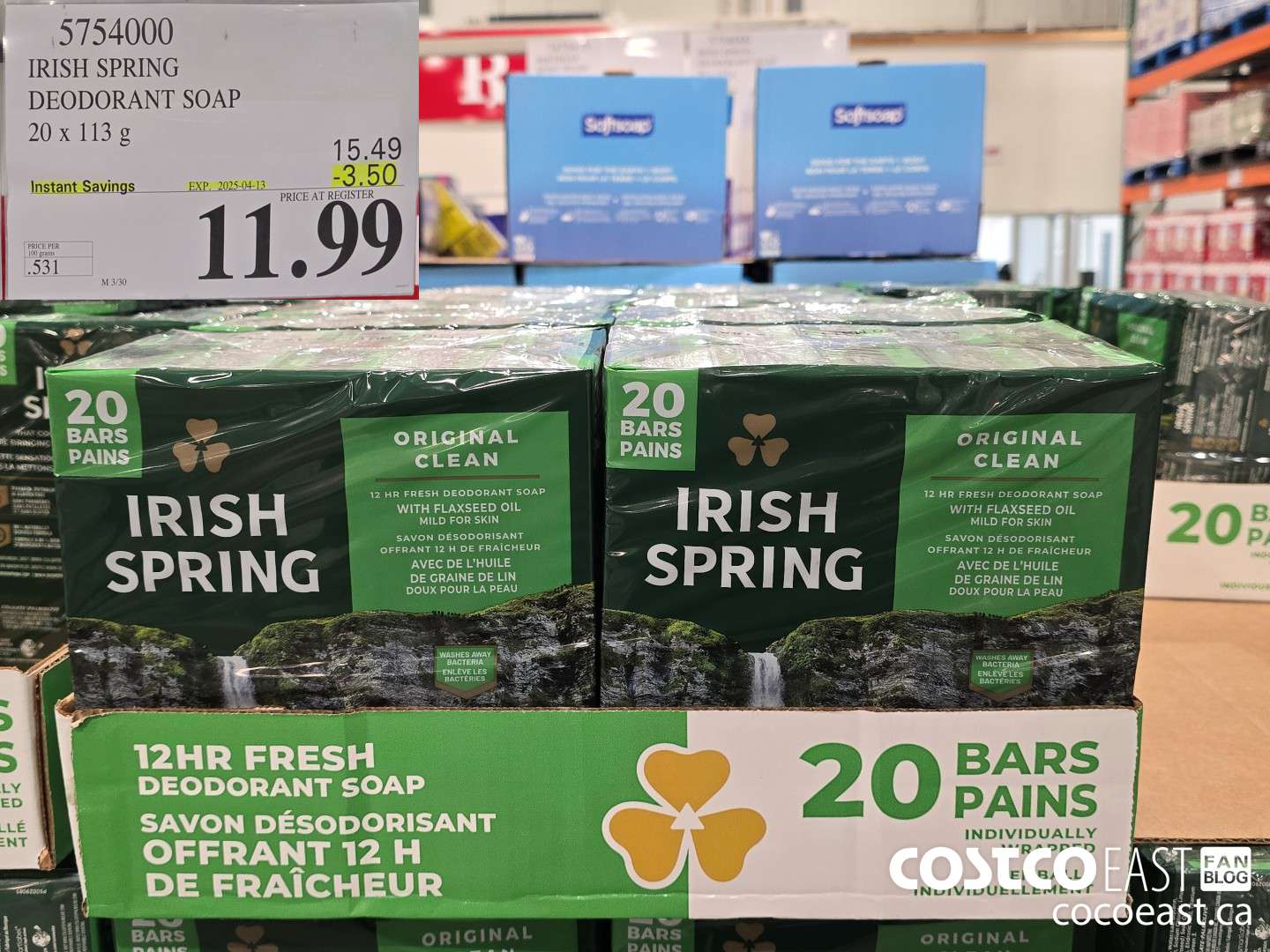5754000 IRISH SPRING DEODORANT SOAP 20 X 113 G ($3.50 INSTANT SAVINGS EXPIRES ON 2025-04-13) $11.99