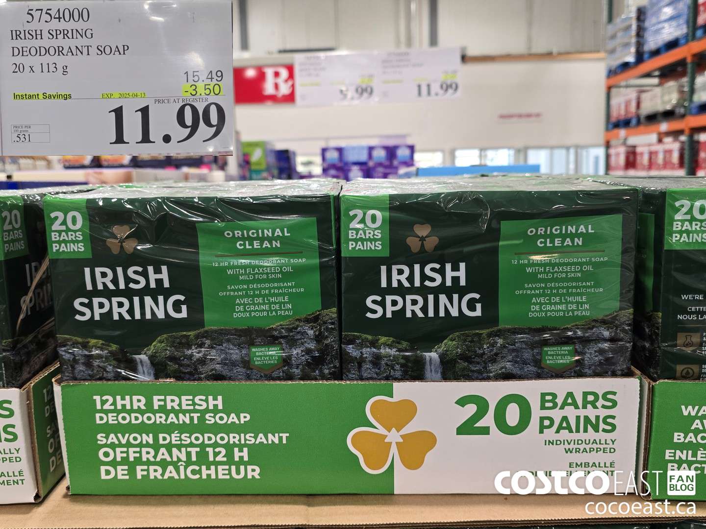 5754000 IRISH SPRING DEODORANT SOAP 20 X 113 G ($3.50 INSTANT SAVINGS EXPIRES ON 2025-04-13) $11.99