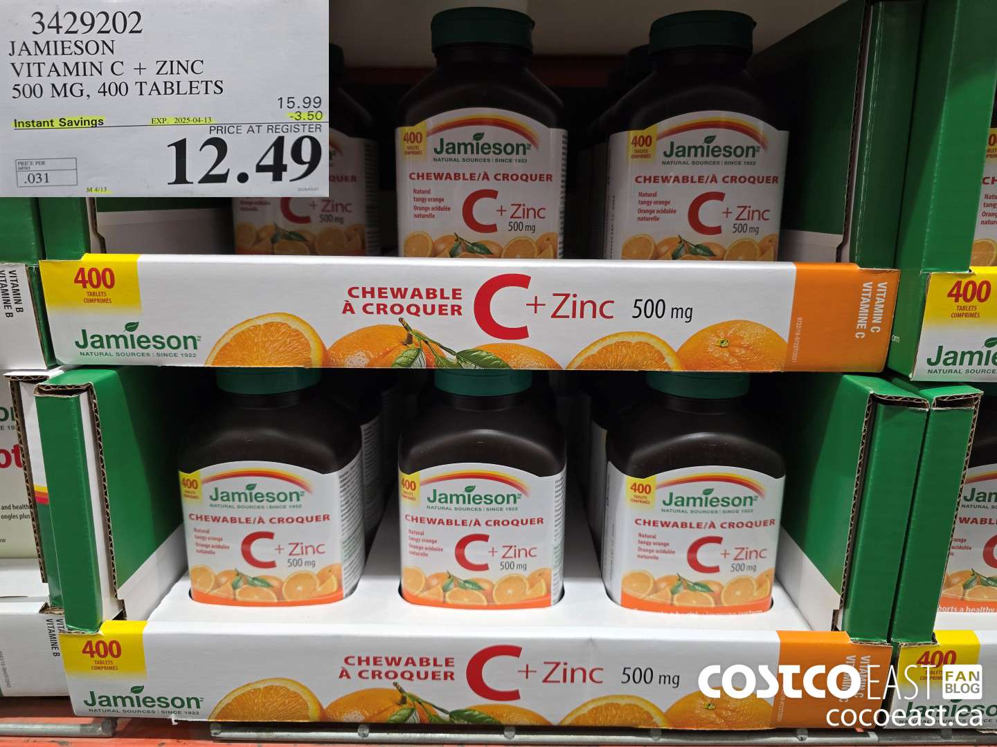 3429202 JAMIESON VITAMIN C+ZINC 500MG 400 TABLET ($3.50 INSTANT SAVINGS EXPIRES ON 2025-04-13) $12.49