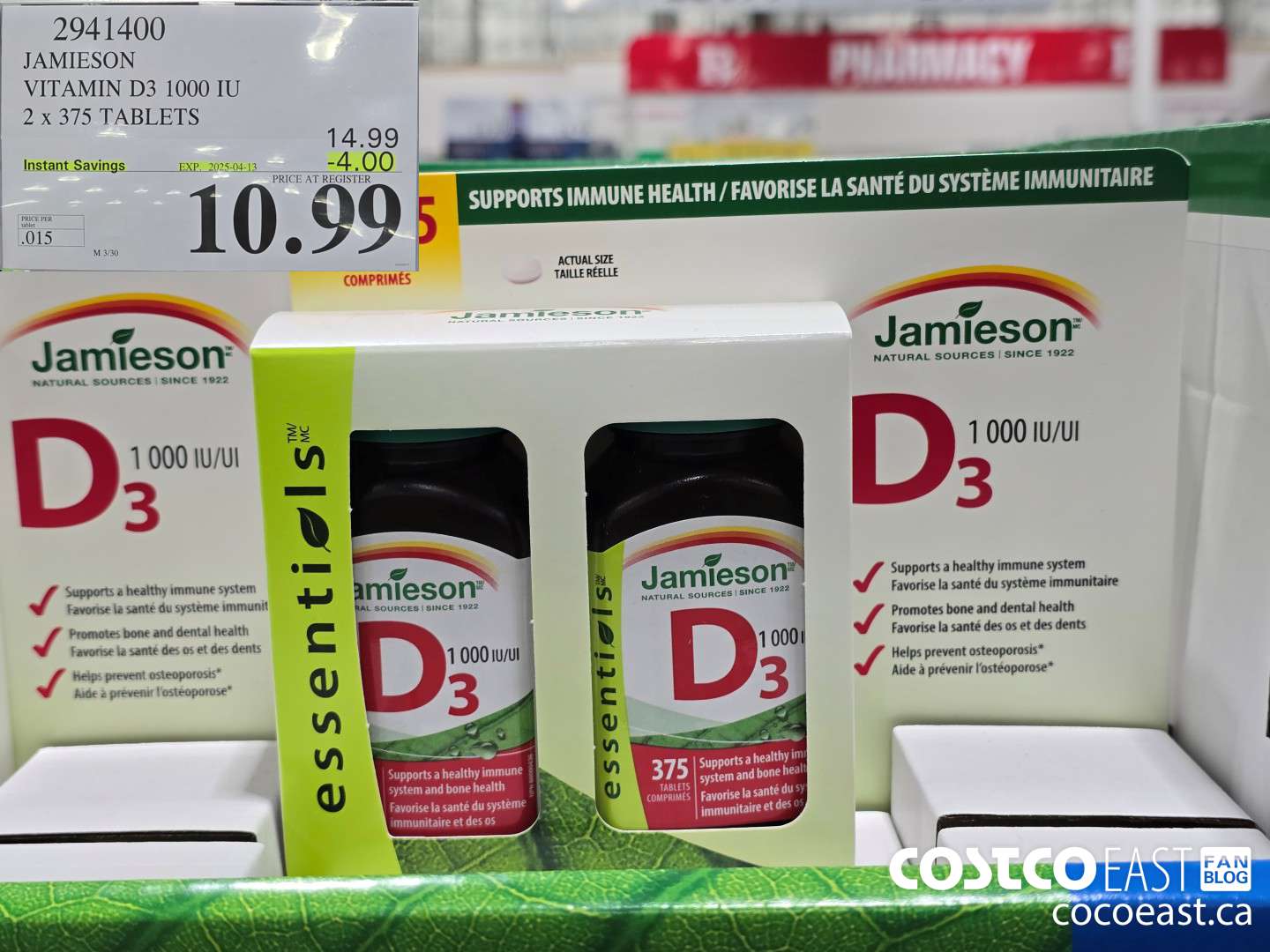 2941400 JAMIESON VITAMIN D3 1000 IU 2 X 375 TABLETS ($4.00 INSTANT SAVINGS EXPIRES ON 2025-04-13) $10.99