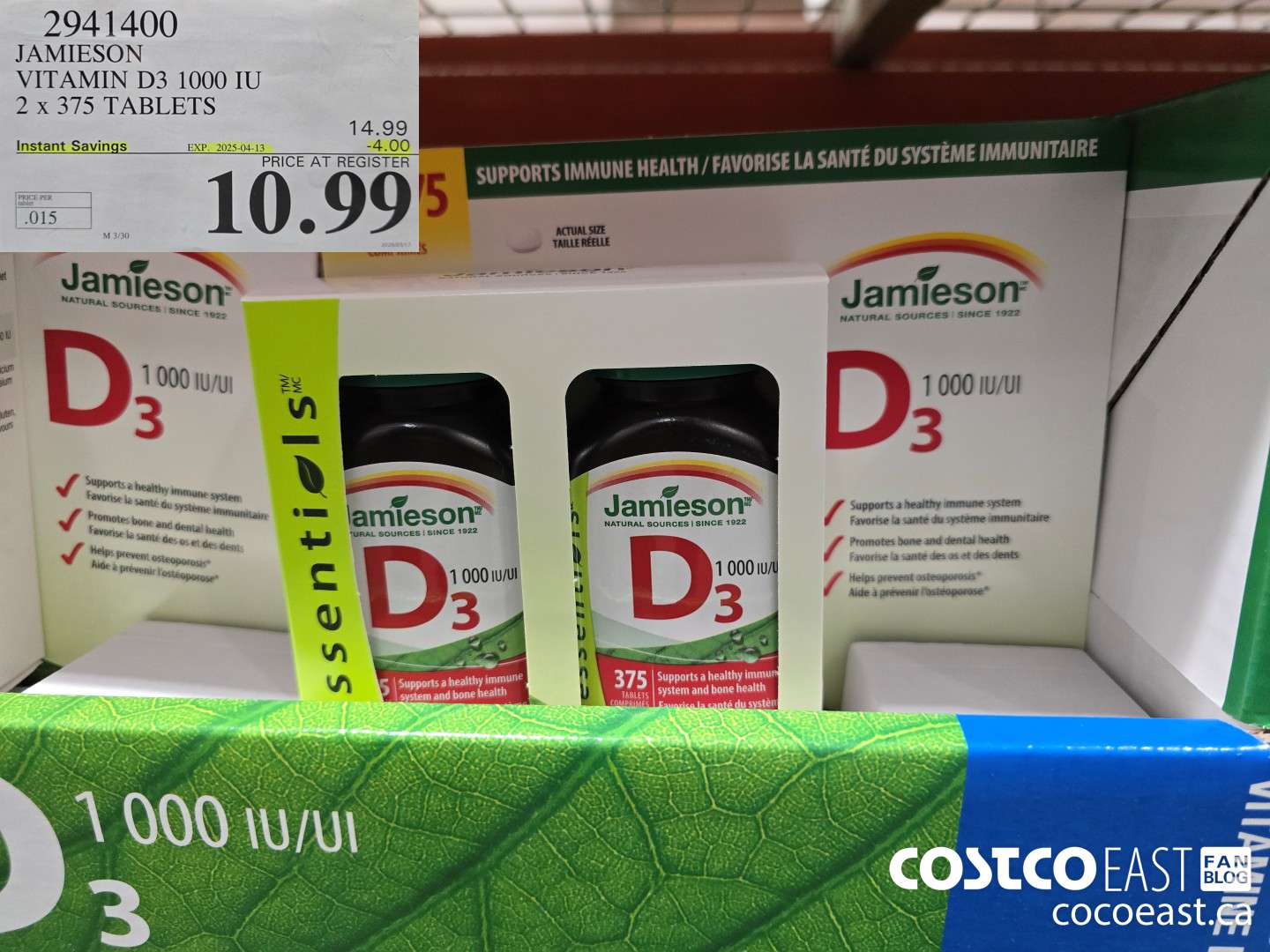 2941400 JAMIESON VITAMIN D3 1000 IU 2 X 375 TABLETS ($4.00 INSTANT SAVINGS EXPIRES ON 2025-04-13) $10.99