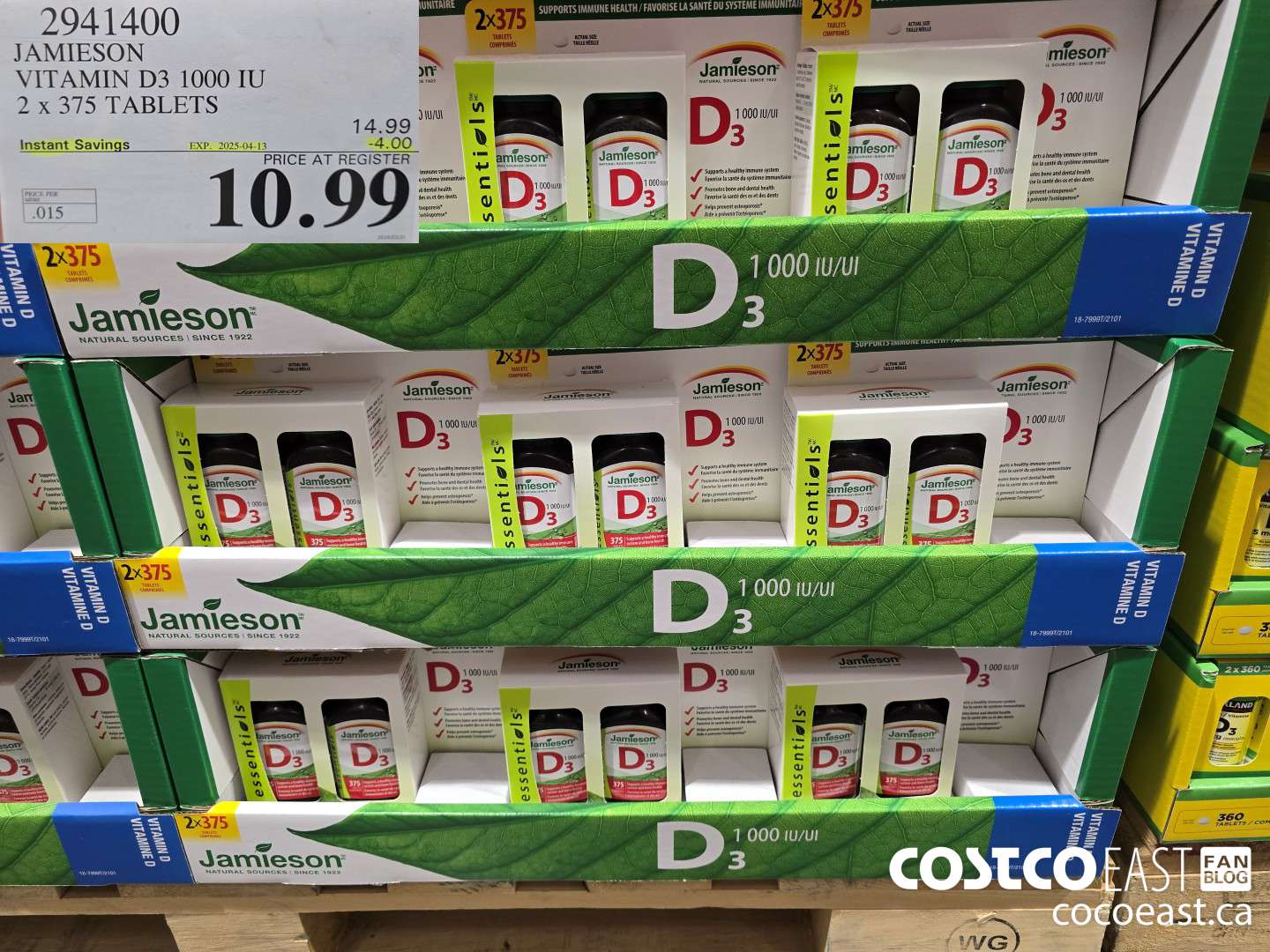 2941400 JAMIESON VITAMIN D3 1000 IU 2 X 375 TABLETS ($4.00 INSTANT SAVINGS EXPIRES ON 2025-04-13) $10.99