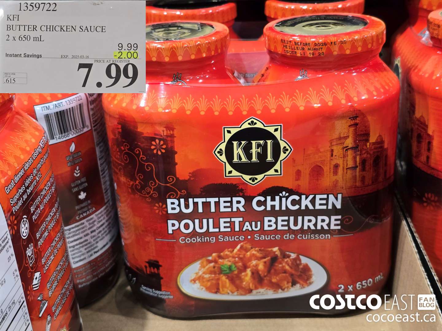 1359722 KFI BUTTER CHICKEN SAUCE 2 x 650 mL ($2.00 INSTANT SAVINGS EXPIRES ON 2025-03-16) $7.99
