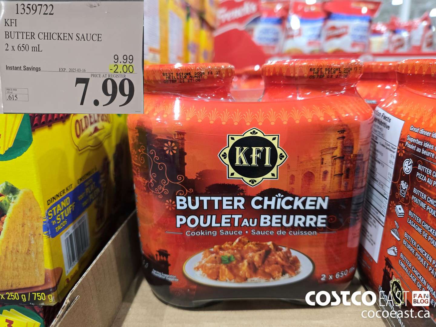 1359722 KFI BUTTER CHICKEN SAUCE 2 x 650 mL ($2.00 INSTANT SAVINGS EXPIRES ON 2025-03-16) $7.99
