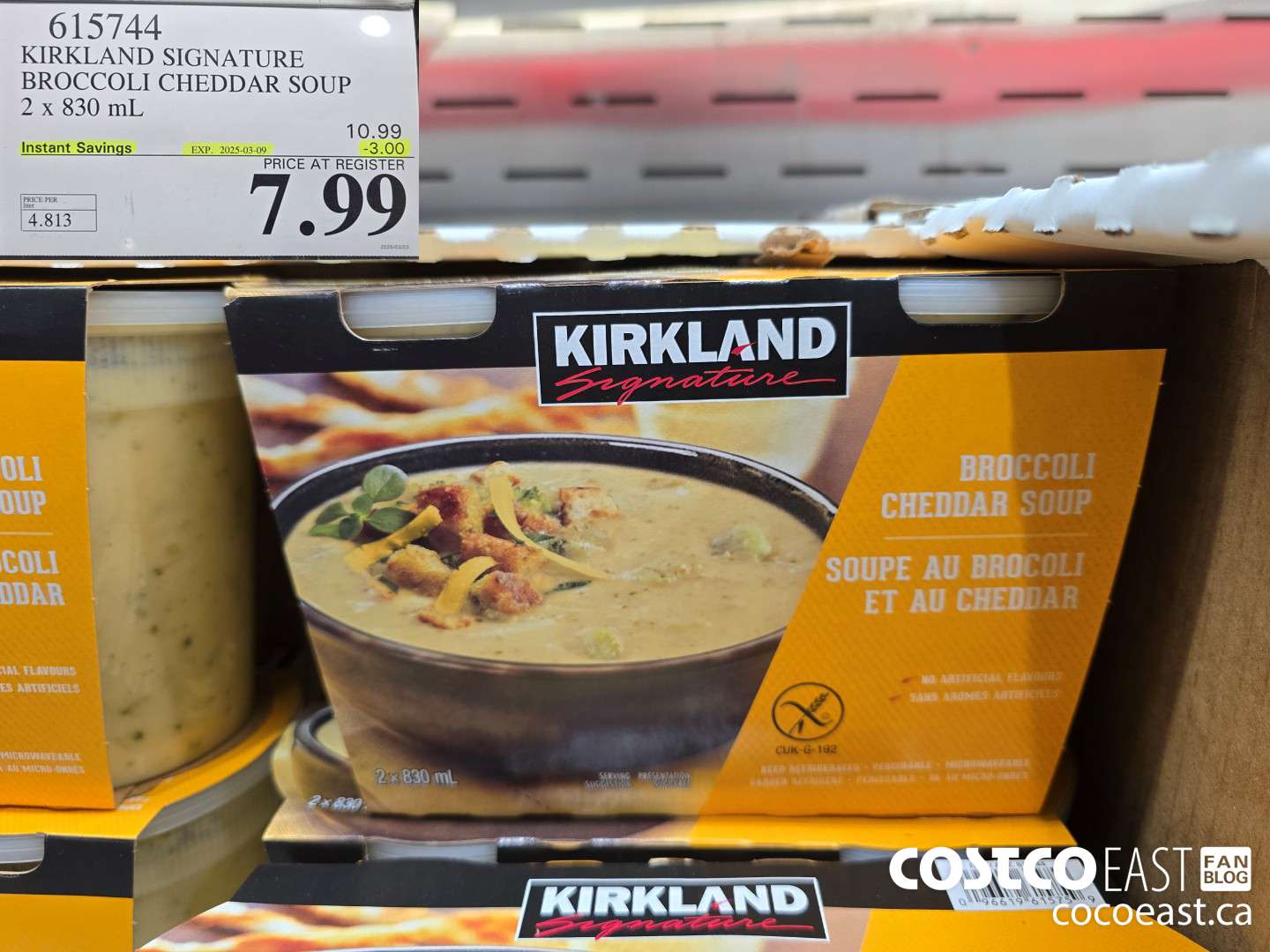 615744 KIRKLAND SIGNATURE BROCCOLI CHEDDAR SOUP 2 x 830 mL ($3.00 INSTANT SAVINGS EXPIRES ON 2025-03-09) $7.99