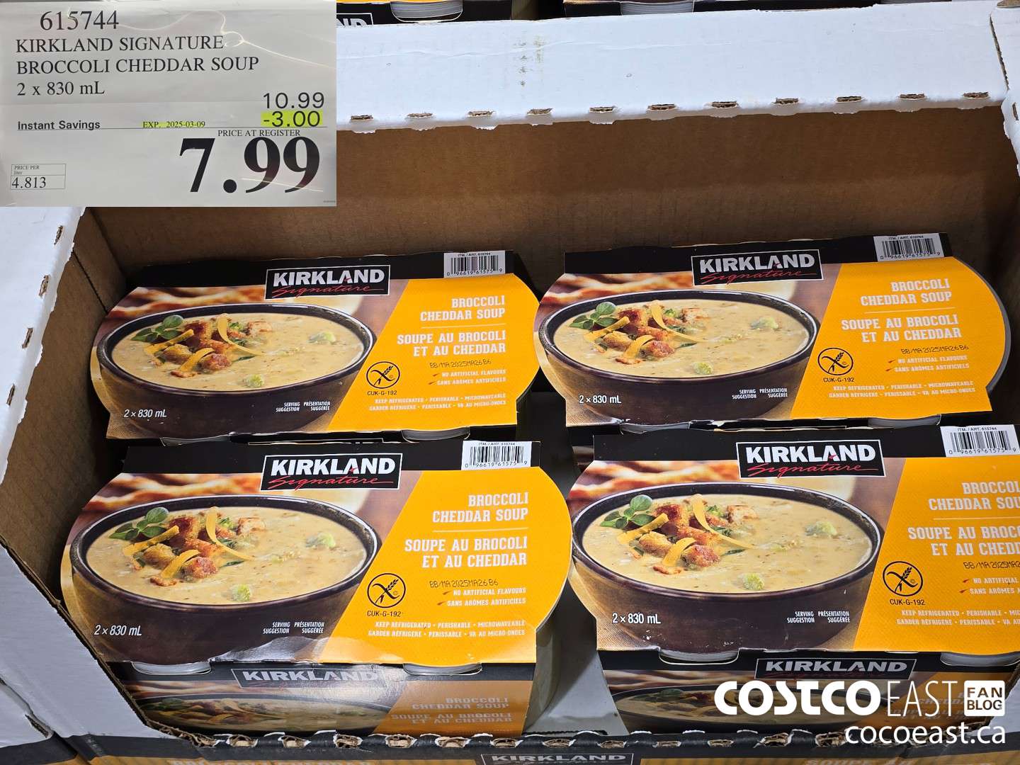 615744 KIRKLAND SIGNATURE BROCCOLI CHEDDAR SOUP 2 x 830 mL ($3.00 INSTANT SAVINGS EXPIRES ON 2025-03-09) $7.99