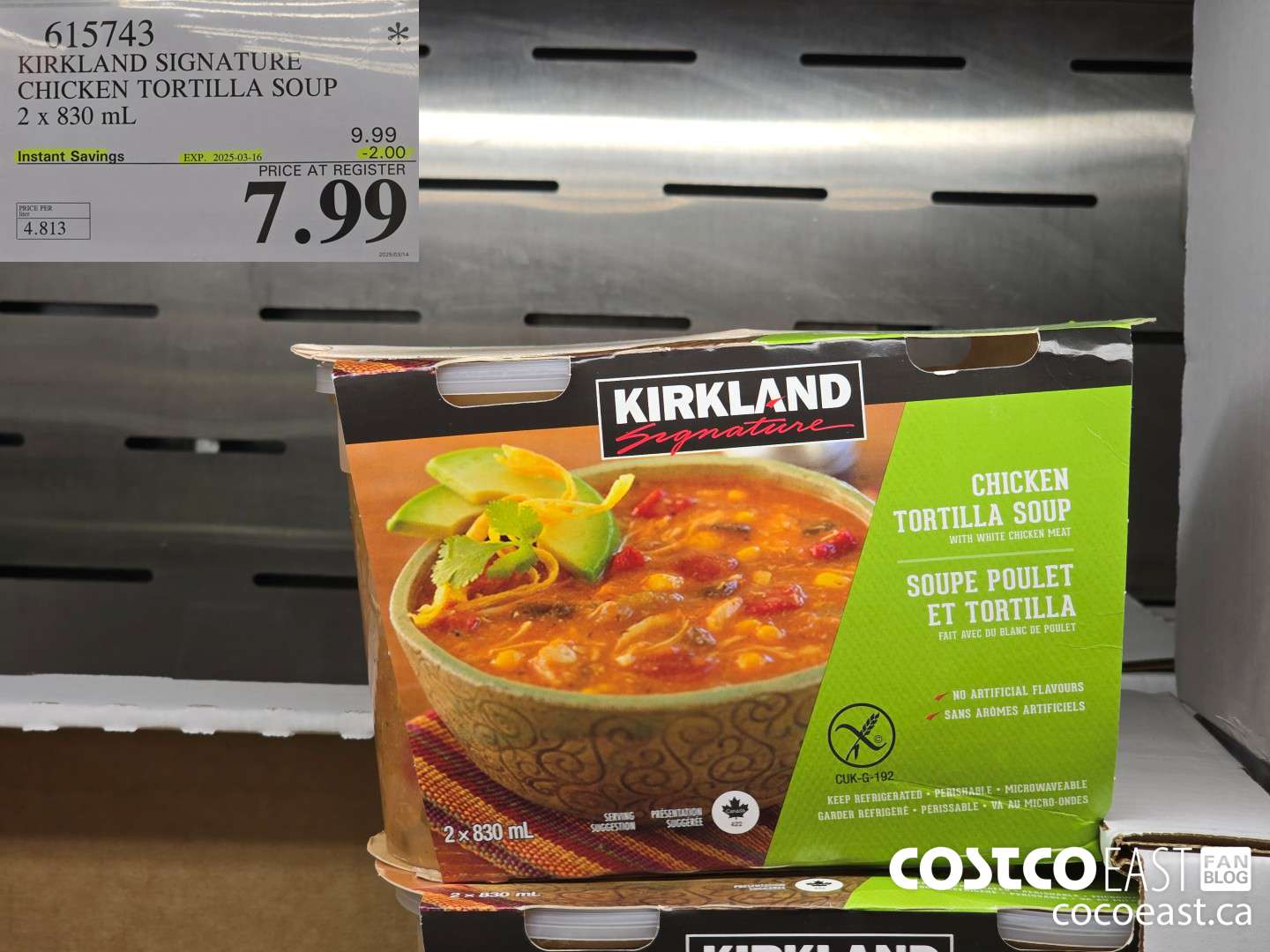 615743 KIRKLAND SIGNATURE CHICKEN TORTILLA SOUP 2 x 830 mL ($2.00 INSTANT SAVINGS EXPIRES ON 2025-03-16) $7.99
