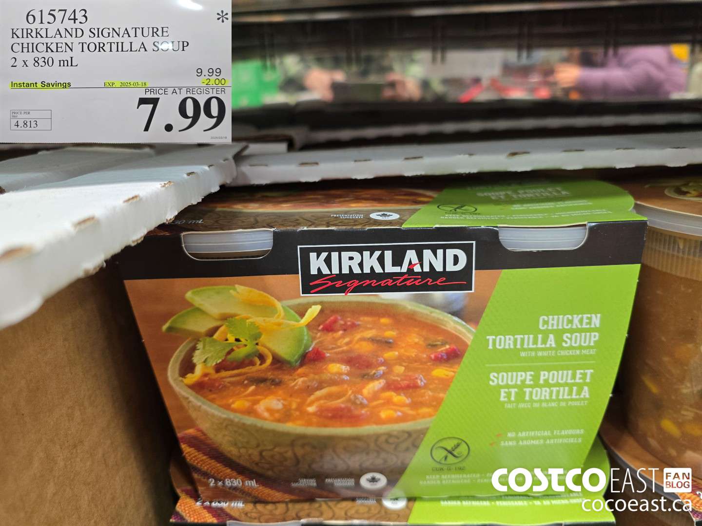 615743 KIRKLAND SIGNATURE CHICKEN TORTILLA SOUP 2 x 830 mL ($2.00 INSTANT SAVINGS EXPIRES ON 2025-03-18) $7.99