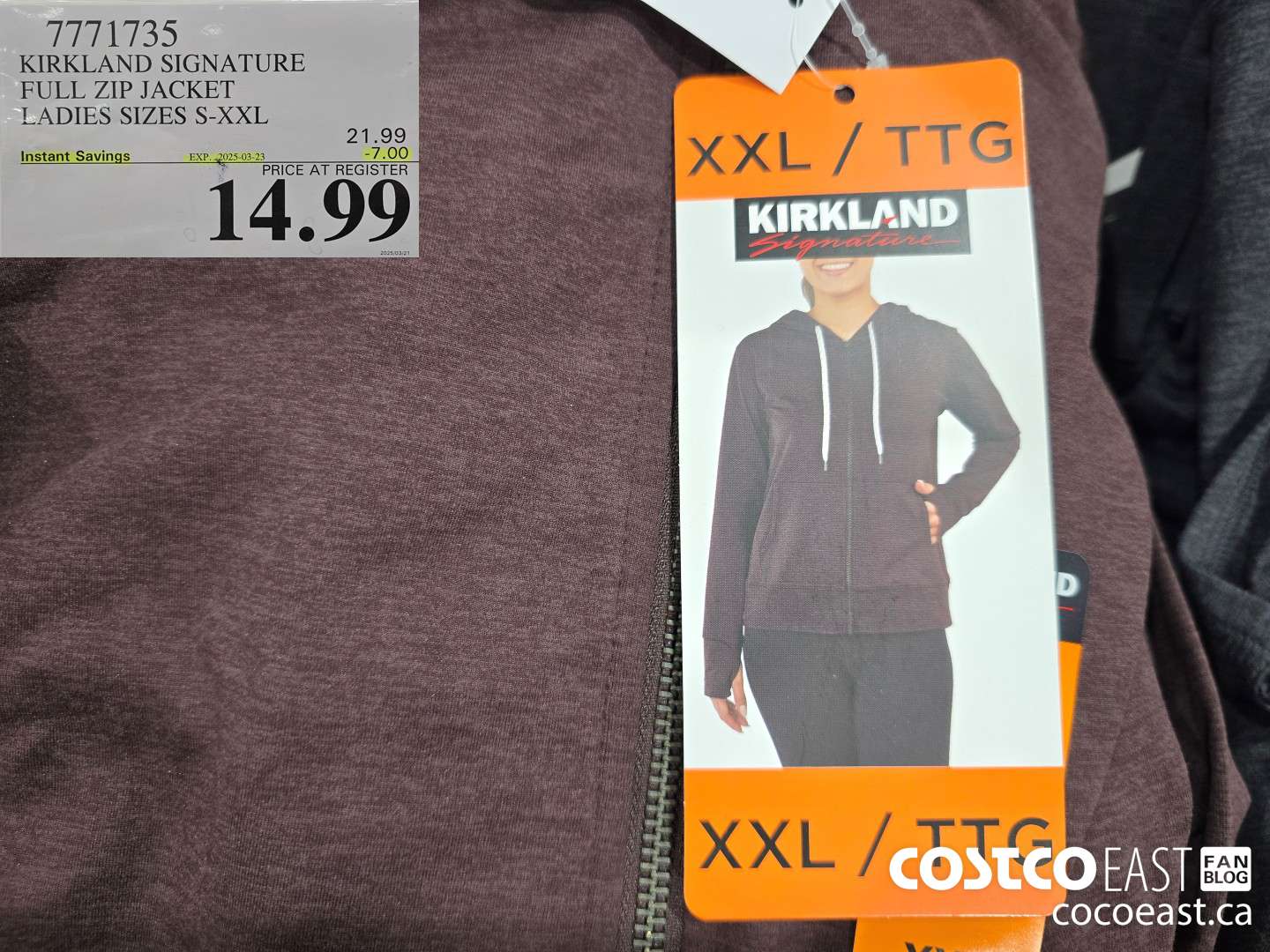 7771735 KIRKLAND SIGNATURE FULL ZIP JACKET LADIES SIZES S-XXL ($7.00 INSTANT SAVINGS EXPIRES ON 2025-03-23) $14.99