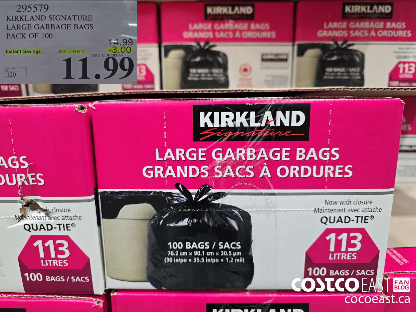 295579 KIRKLAND SIGNATURE LARGE GARBAGE BAGS PACK OF 100 ($3.00 INSTANT SAVINGS EXPIRES ON 2025-03-30) $11.99
