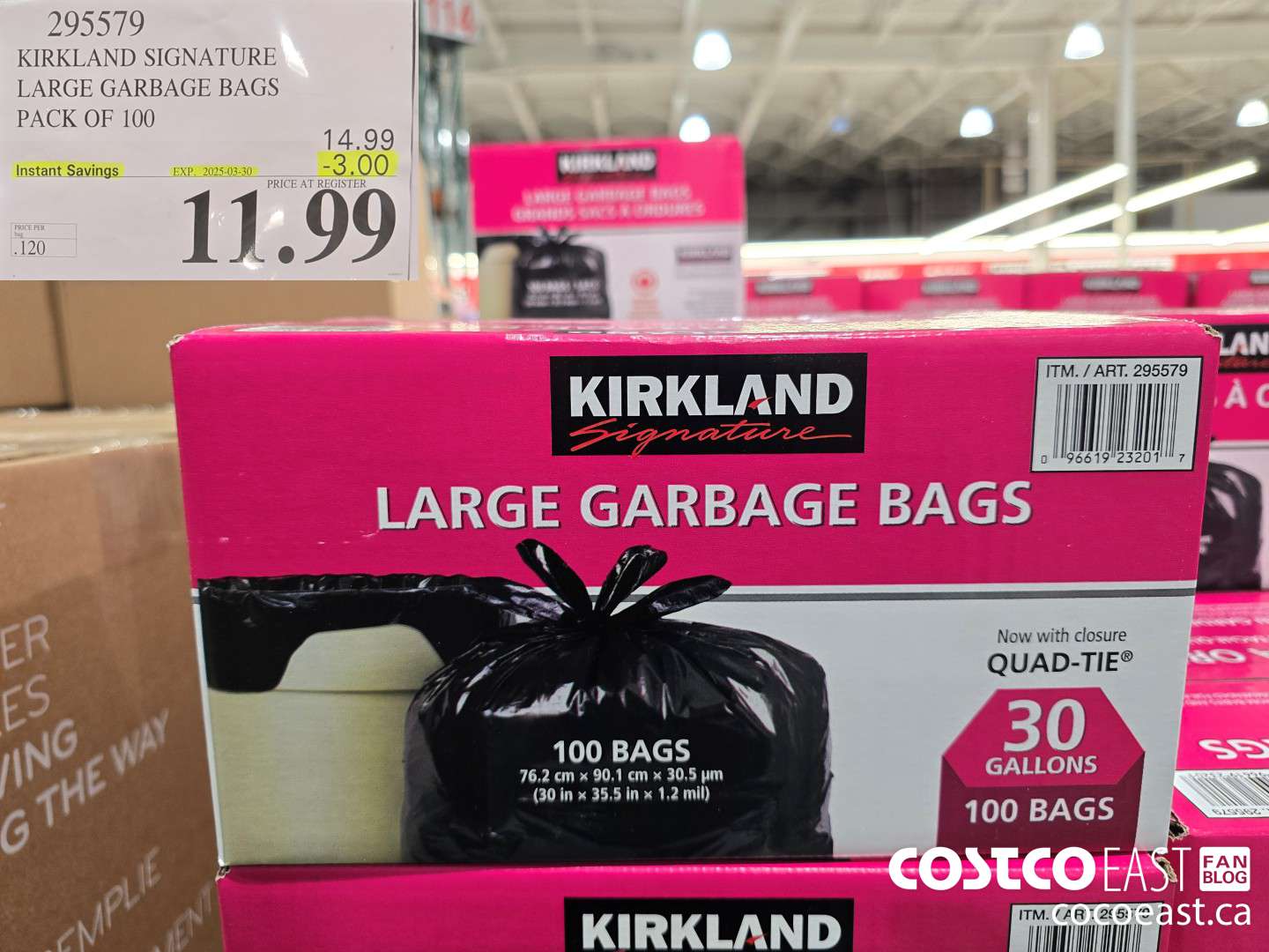 295579 KIRKLAND SIGNATURE LARGE GARBAGE BAGS PACK OF 100 ($3.00 INSTANT SAVINGS EXPIRES ON 2025-03-30) $11.99