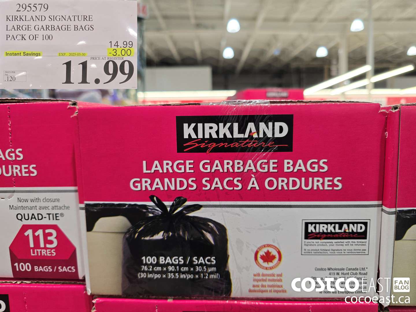 295579 KIRKLAND SIGNATURE LARGE GARBAGE BAGS PACK OF 100 ($3.00 INSTANT SAVINGS EXPIRES ON 2025-03-30) $11.99