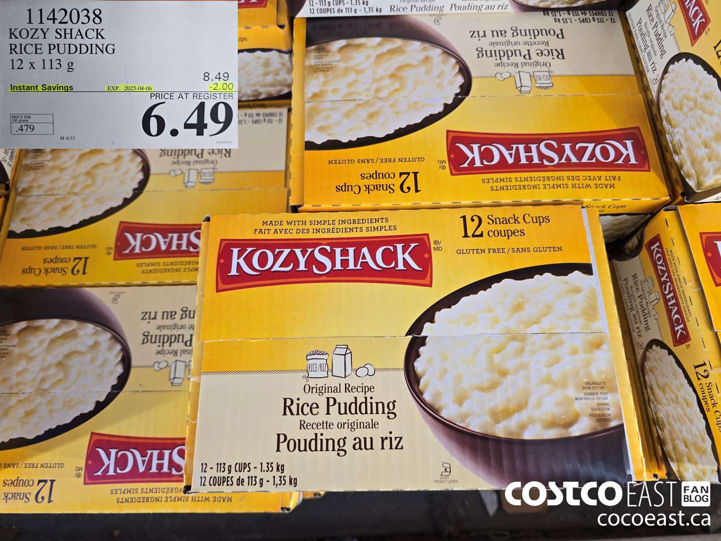 1142038 KOZY SHACK RICE PUDDING 12 x 113G ($2.00 INSTANT SAVINGS EXPIRES ON 2025-04-06) $6.49