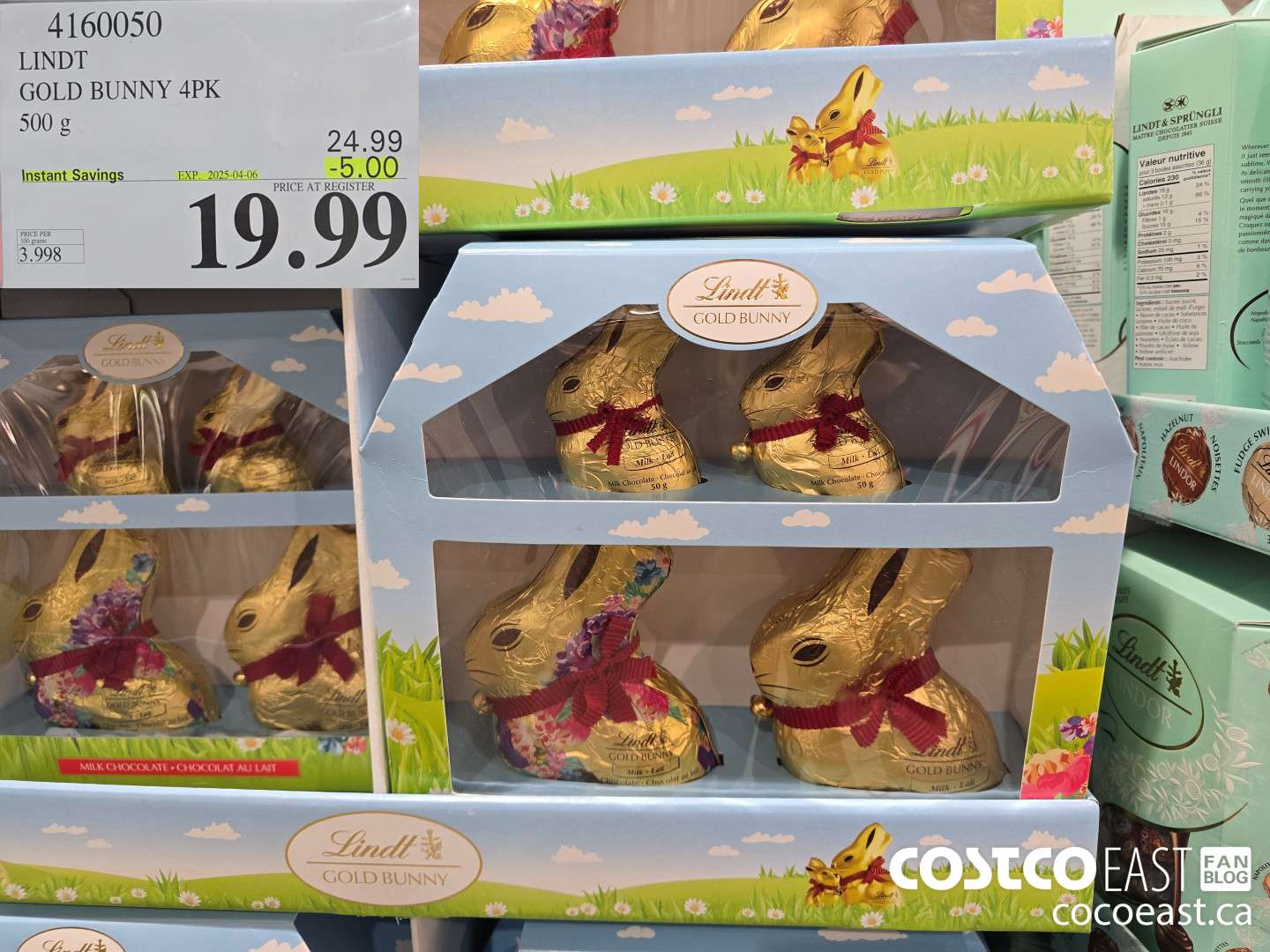4160050 LINDT GOLD BUNNY 4PK 500 g ($5.00 INSTANT SAVINGS EXPIRES ON 2025-04-06) $19.99