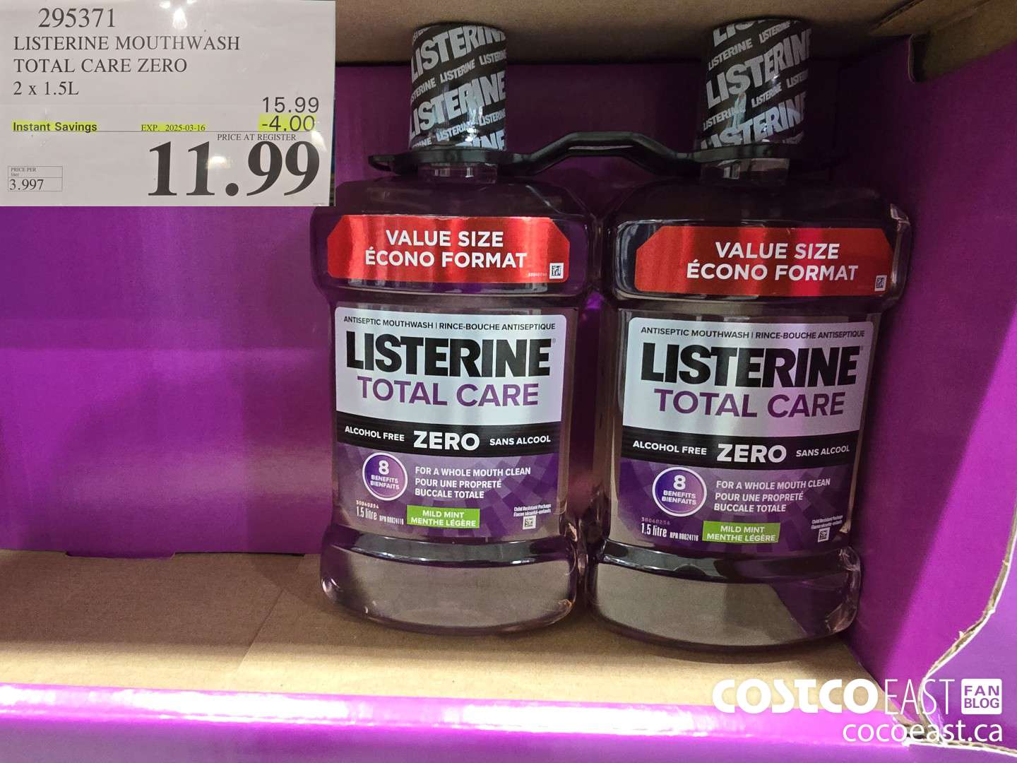 295371 LISTERINE MOUTHWASH TOTAL CARE ZERO 2 X 1.5L ($4.00 INSTANT SAVINGS EXPIRES ON 2025-03-16) $11.99