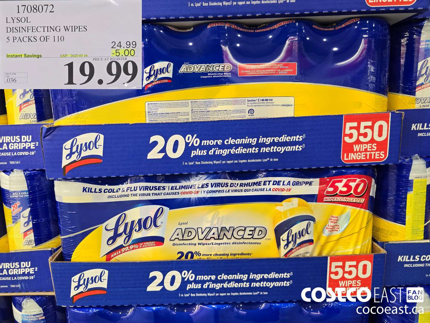 1708072 LYSOL DISINFECTING WIPES 5 PACKS OF 110 ($5.00 INSTANT SAVINGS EXPIRES ON 2025-03-16) $19.99