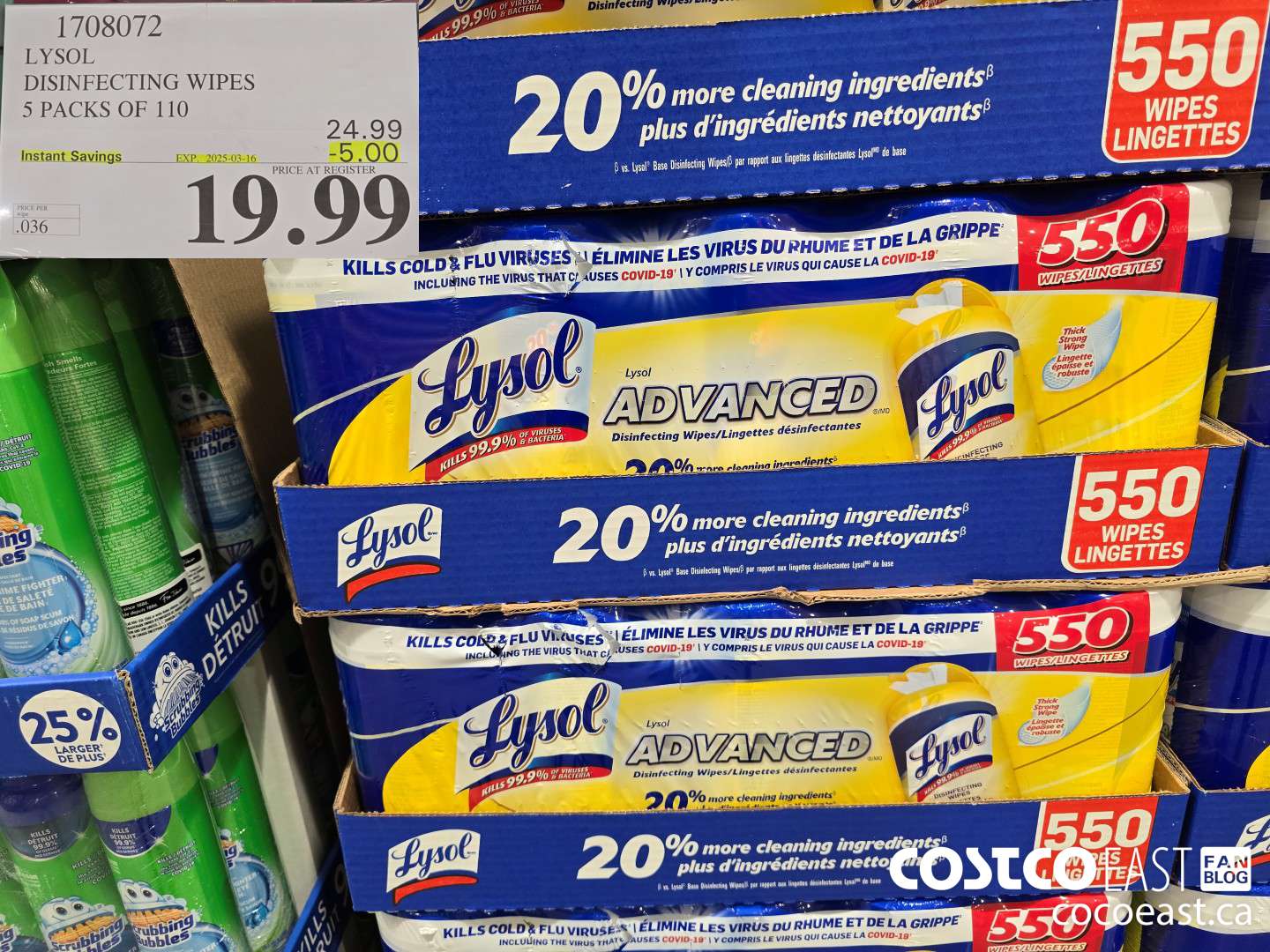 1708072 LYSOL DISINFECTING WIPES 5 PACKS OF 110 ($5.00 INSTANT SAVINGS EXPIRES ON 2025-03-16) $19.99