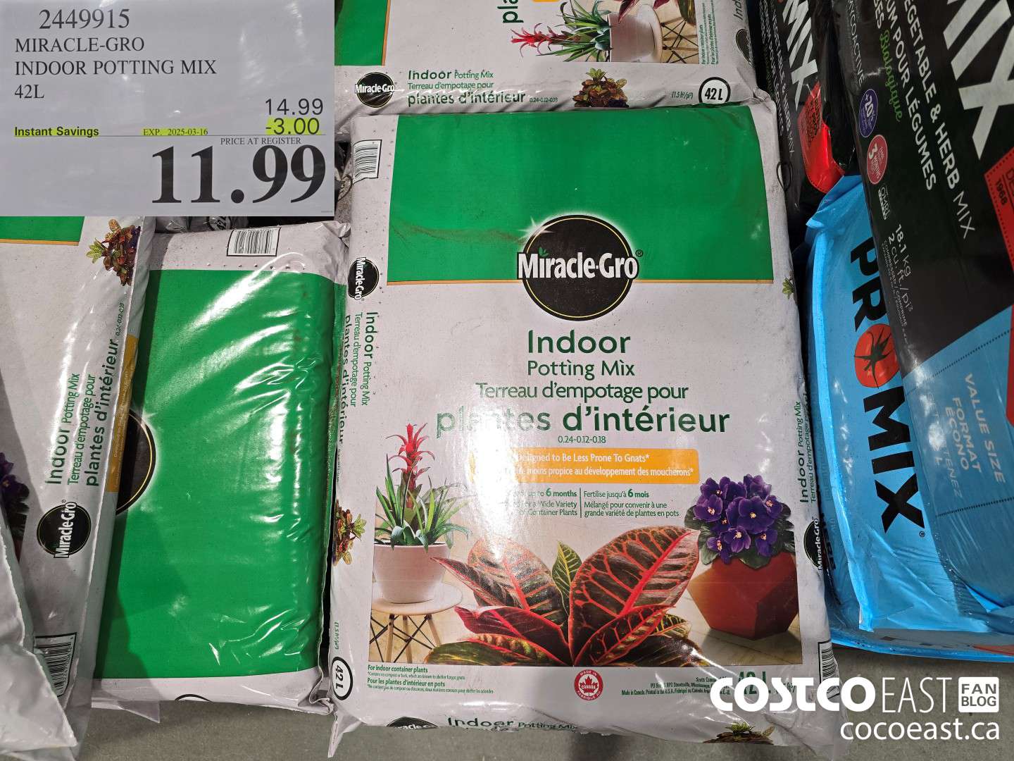 2449915 MIRACLE-GRO INDOOR POTTING MIX 42L ($3.00 INSTANT SAVINGS EXPIRES ON 2025-03-16) $11.99