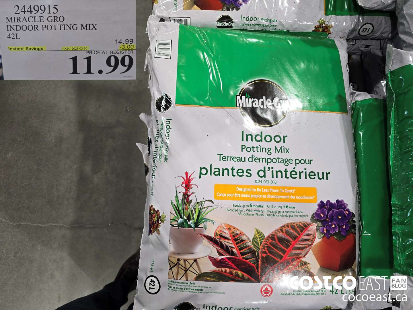 2449915 MIRACLE-GRO INDOOR POTTING MIX 42L ($3.00 INSTANT SAVINGS EXPIRES ON 2025-03-30) $11.99