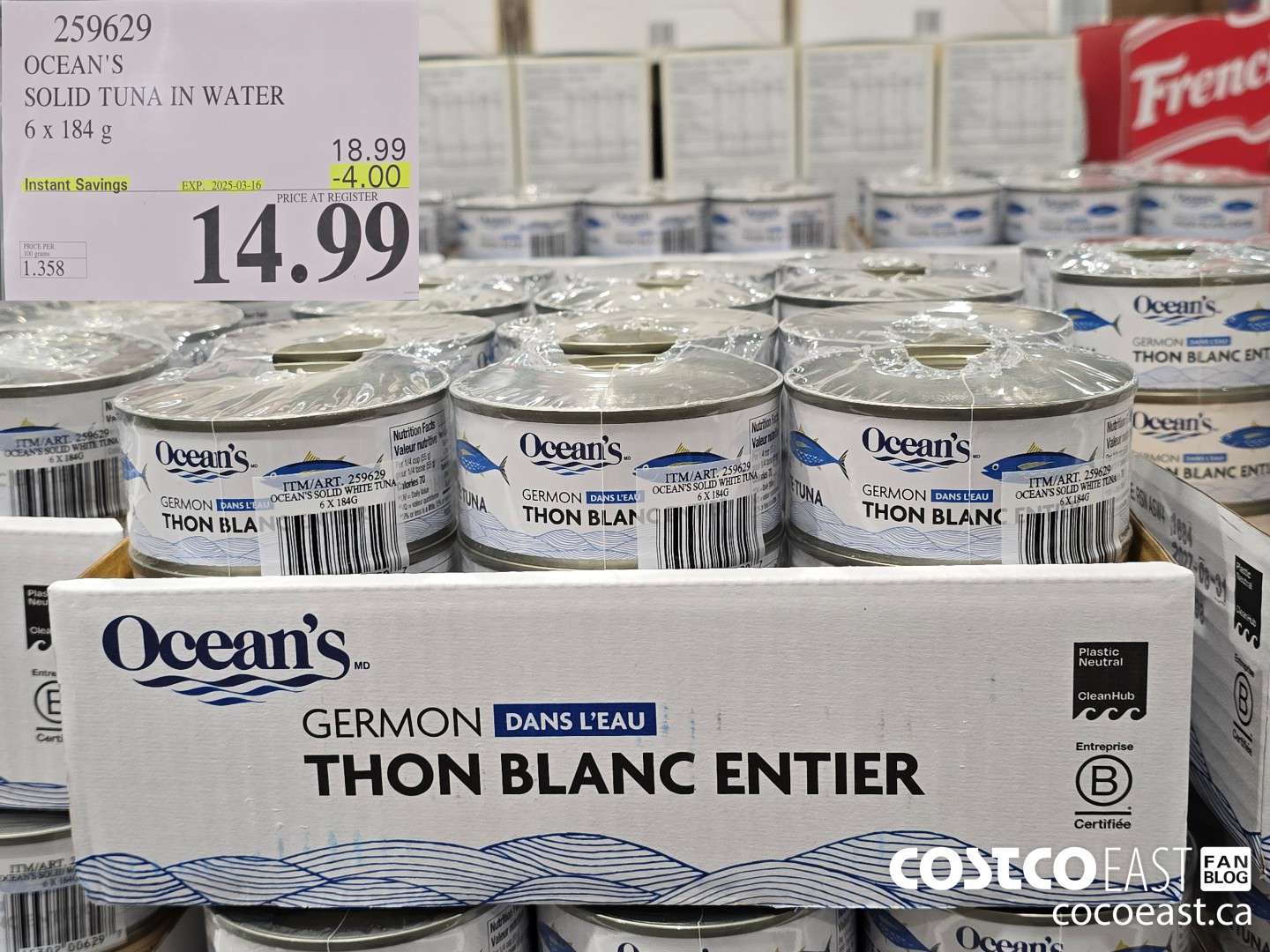 259629 OCEAN'S SOLID TUNA IN WATER 6 X 184 G ($4.00 INSTANT SAVINGS EXPIRES ON 2025-03-16) $14.99