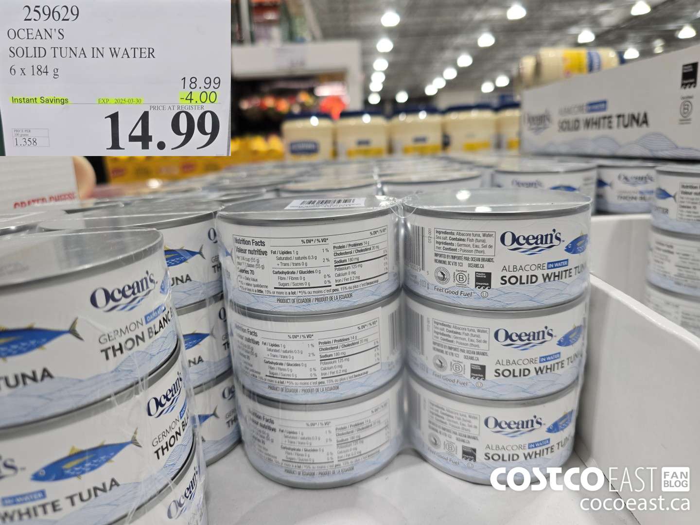 259629 OCEAN'S SOLID TUNA IN WATER 6 X 184 G ($4.00 INSTANT SAVINGS EXPIRES ON 2025-03-30) $14.99