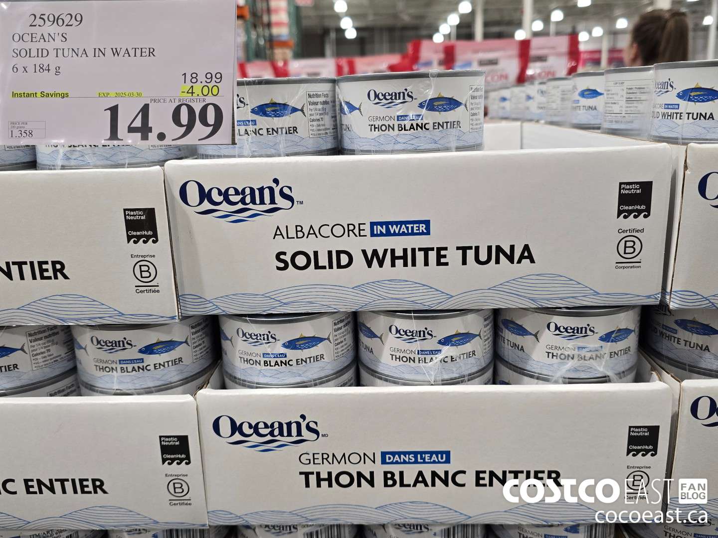 259629 OCEAN'S SOLID TUNA IN WATER 6 X 184 G ($4.00 INSTANT SAVINGS EXPIRES ON 2025-03-30) $14.99