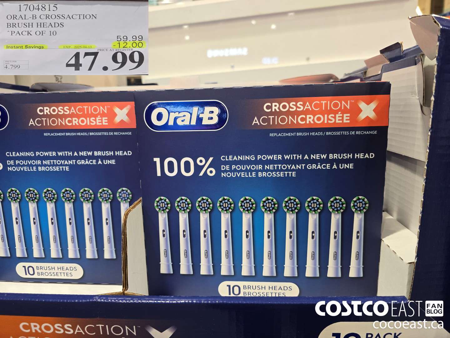 1704815 ORAL-B CROSSACTION BRUSH HEADS PACK OF 10 ($12.00 INSTANT SAVINGS EXPIRES ON 2025-04-13) $47.99