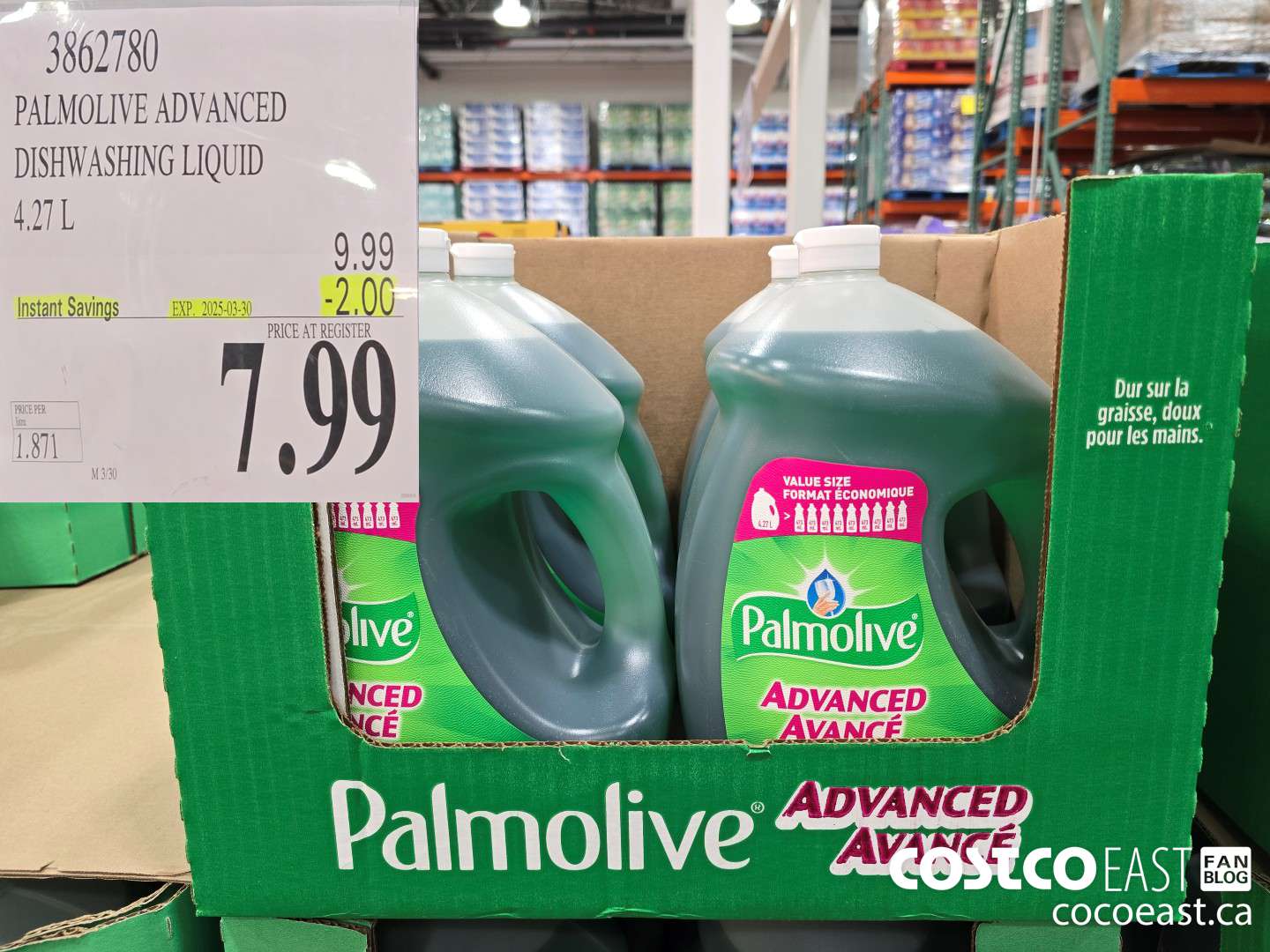 3862780 PALMOLIVE ADVANCED LIQUID DISH DETERGENT 4.27L ($2.00 INSTANT SAVINGS EXPIRES ON 2025-03-30) $7.99