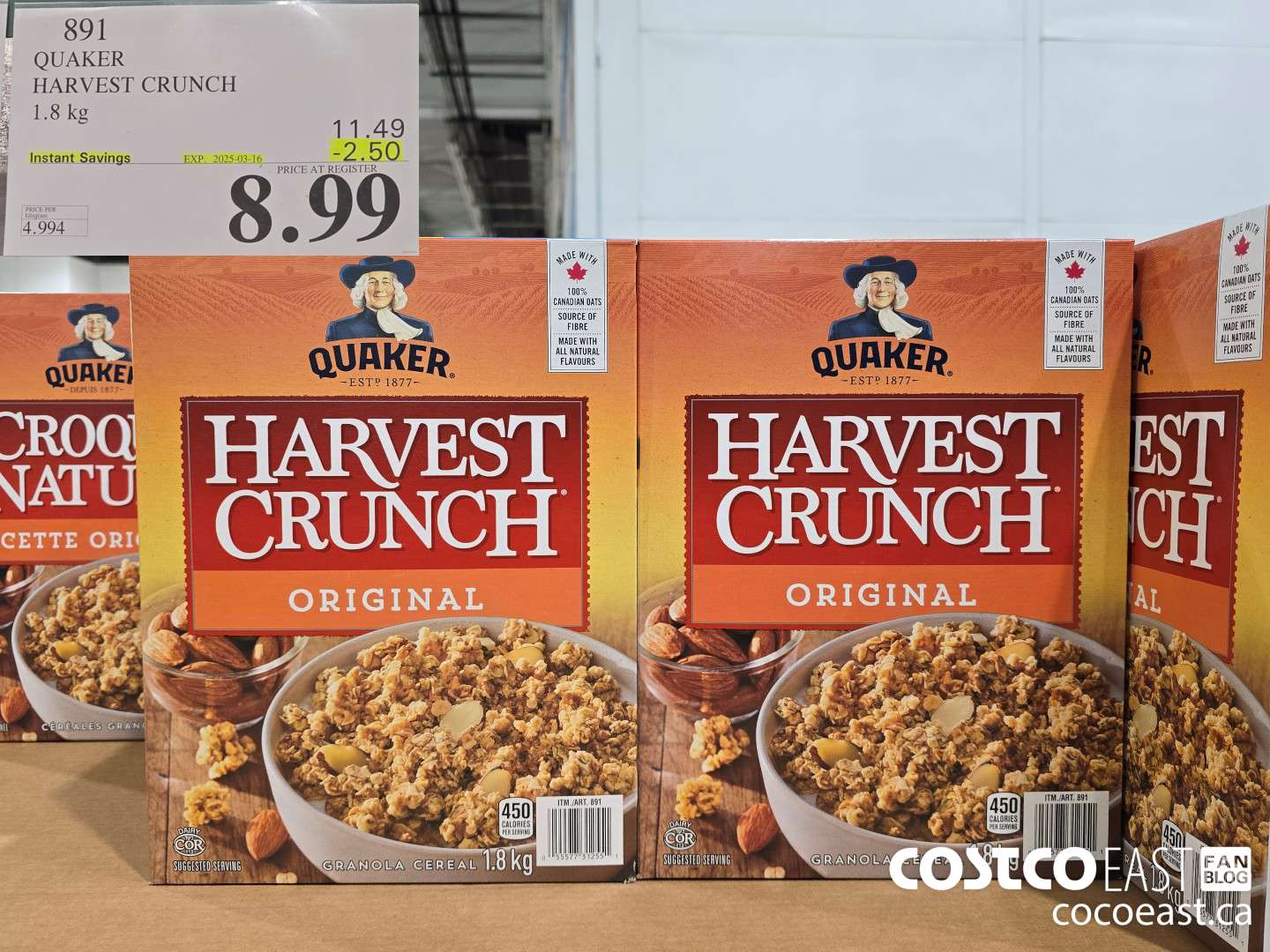 891 QUAKER HARVEST CRUNCH 1.8 kg  ($2.50 INSTANT SAVINGS EXPIRES ON 2025-03-16) $8.99