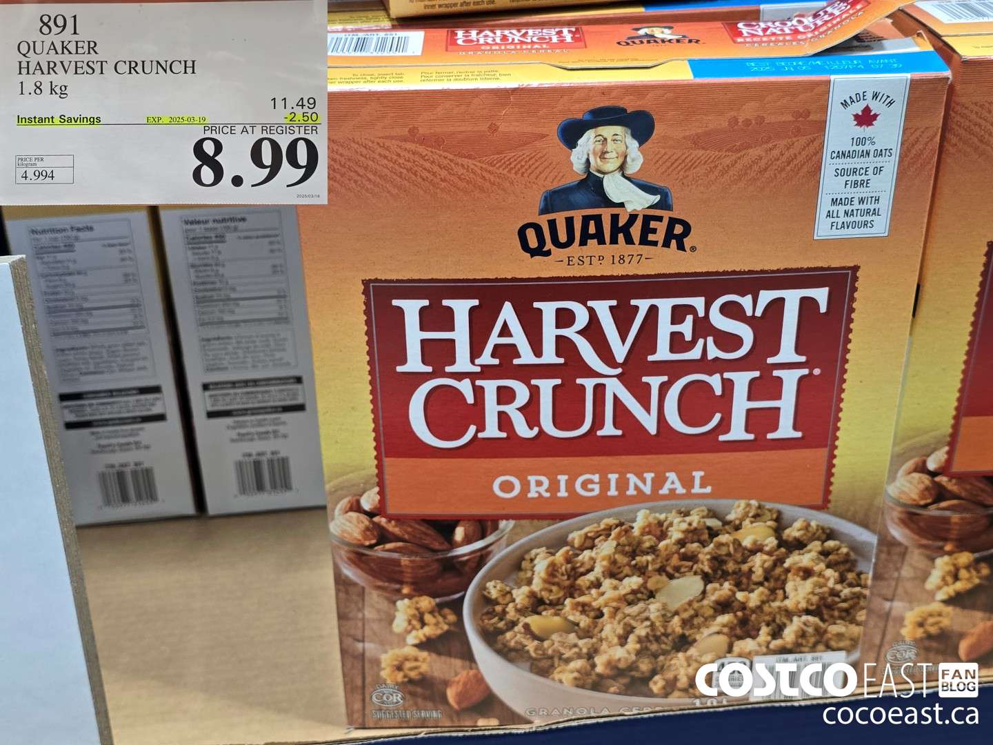 891 QUAKER HARVEST CRUNCH 1.8 kg  ($2.50 INSTANT SAVINGS EXPIRES ON 2025-03-19) $8.99
