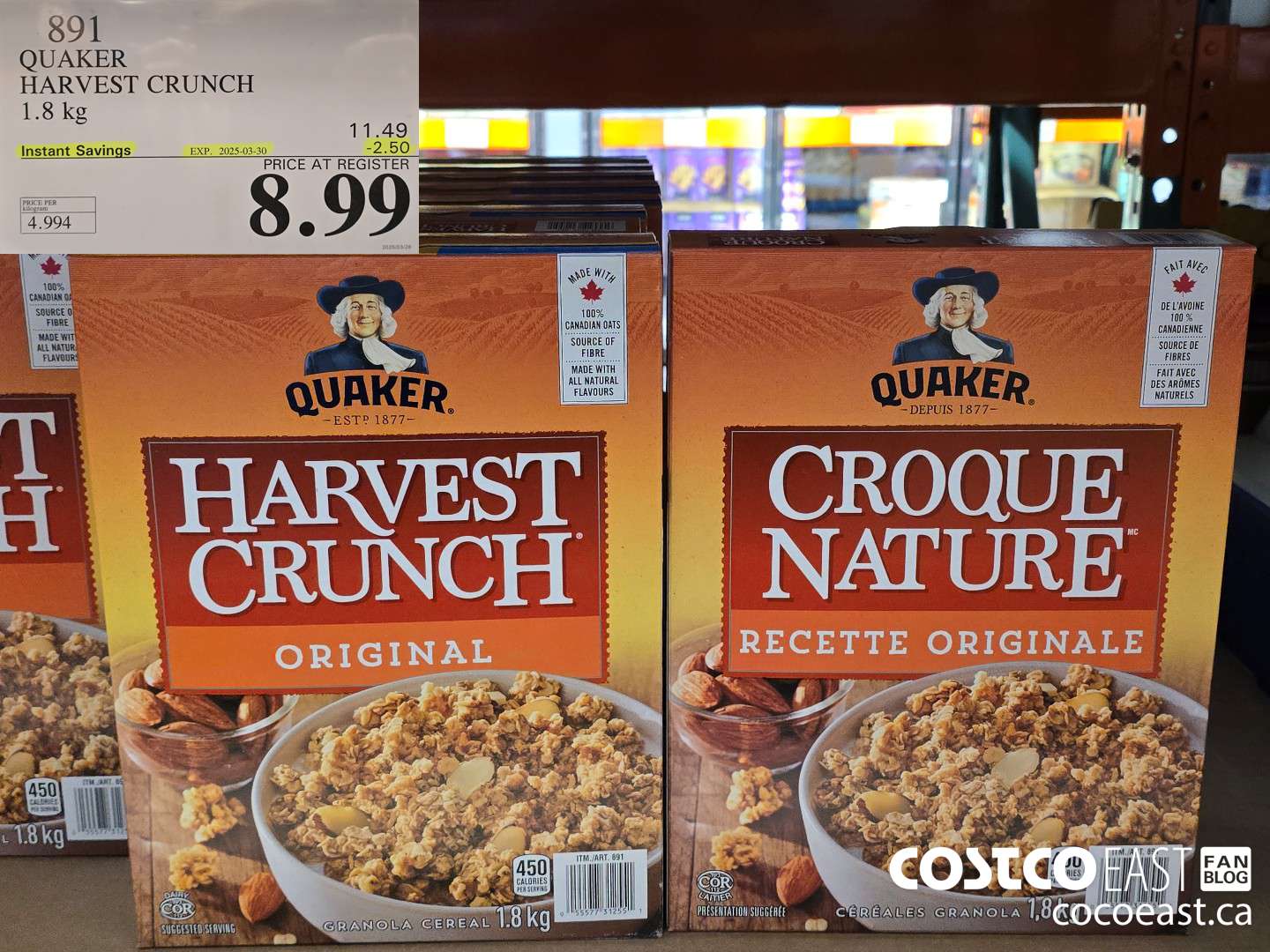 891 QUAKER HARVEST CRUNCH 1.8 kg  ($2.50 INSTANT SAVINGS EXPIRES ON 2025-03-30) $8.99