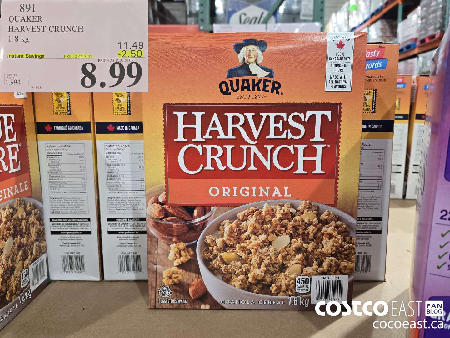891 QUAKER HARVEST CRUNCH 1.8 kg  ($2.50 INSTANT SAVINGS EXPIRES ON 2025-04-13) $8.99