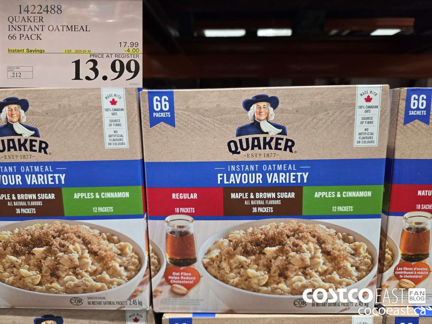 1422488 QUAKER INSTANT OATMEAL 66 PACK ($4.00 INSTANT SAVINGS EXPIRES ON 2025-03-30) $13.99