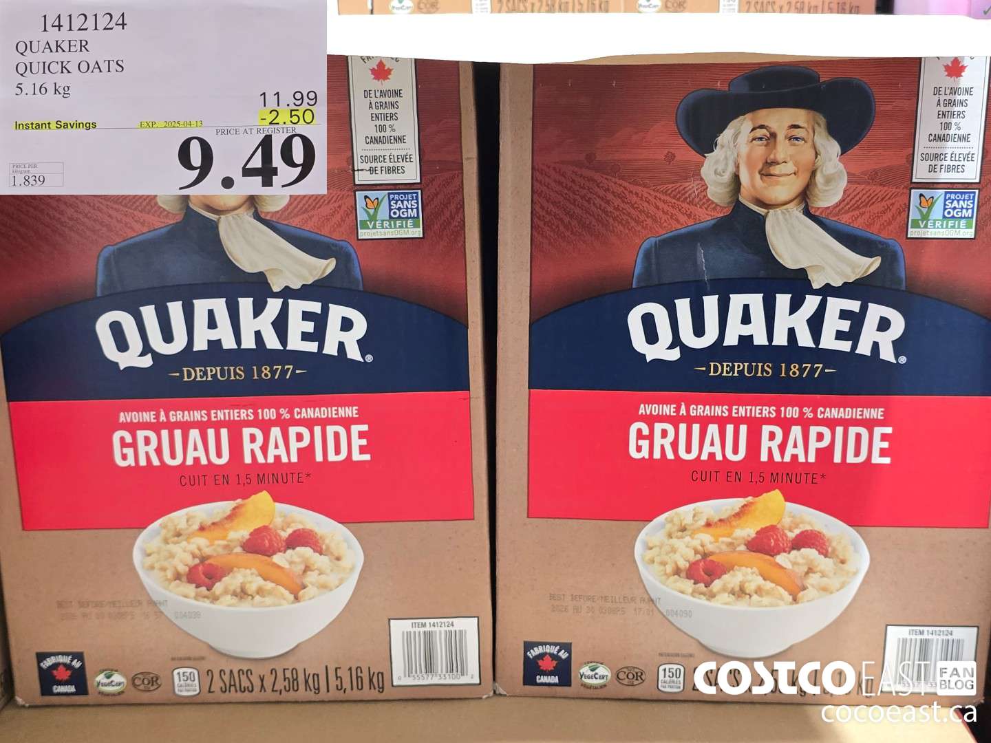 1412124 QUAKER QUICK OATS 5.16 kg ($2.50 INSTANT SAVINGS EXPIRES ON 2025-04-13) $9.49