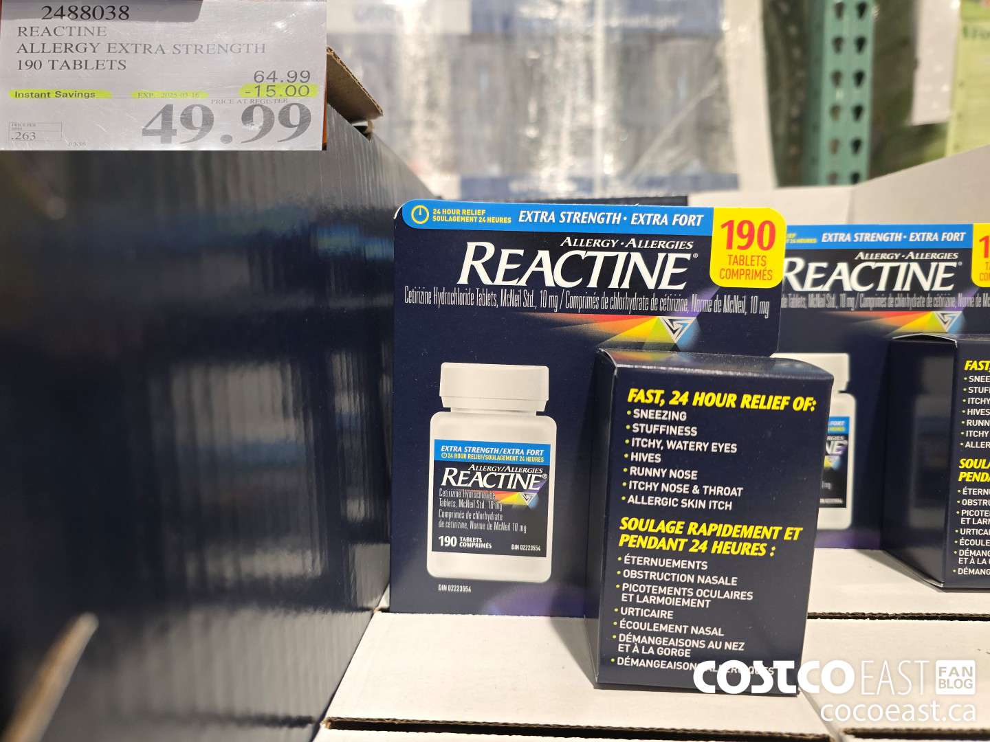 2488038 REACTINE ALLERGY EXTRA STRENGTH 190 TABLETS ($15.00 INSTANT SAVINGS EXPIRES ON 2025-03-16) $49.99
