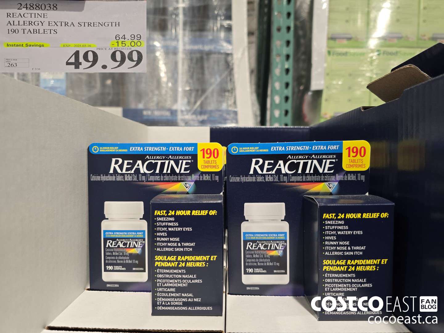 2488038 REACTINE ALLERGY EXTRA STRENGTH 190 TABLETS ($15.00 INSTANT SAVINGS EXPIRES ON 2025-03-16) $49.99