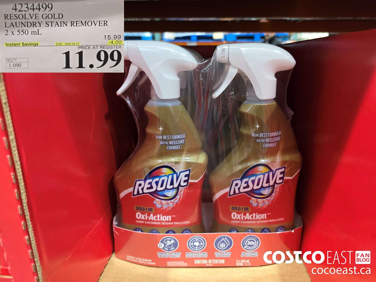 4234499 RESOLVE GOLD LAUNDRY STAIN REMOVER 2 x 550 mL ($4.00 INSTANT SAVINGS EXPIRES ON 2025-04-13) $11.99