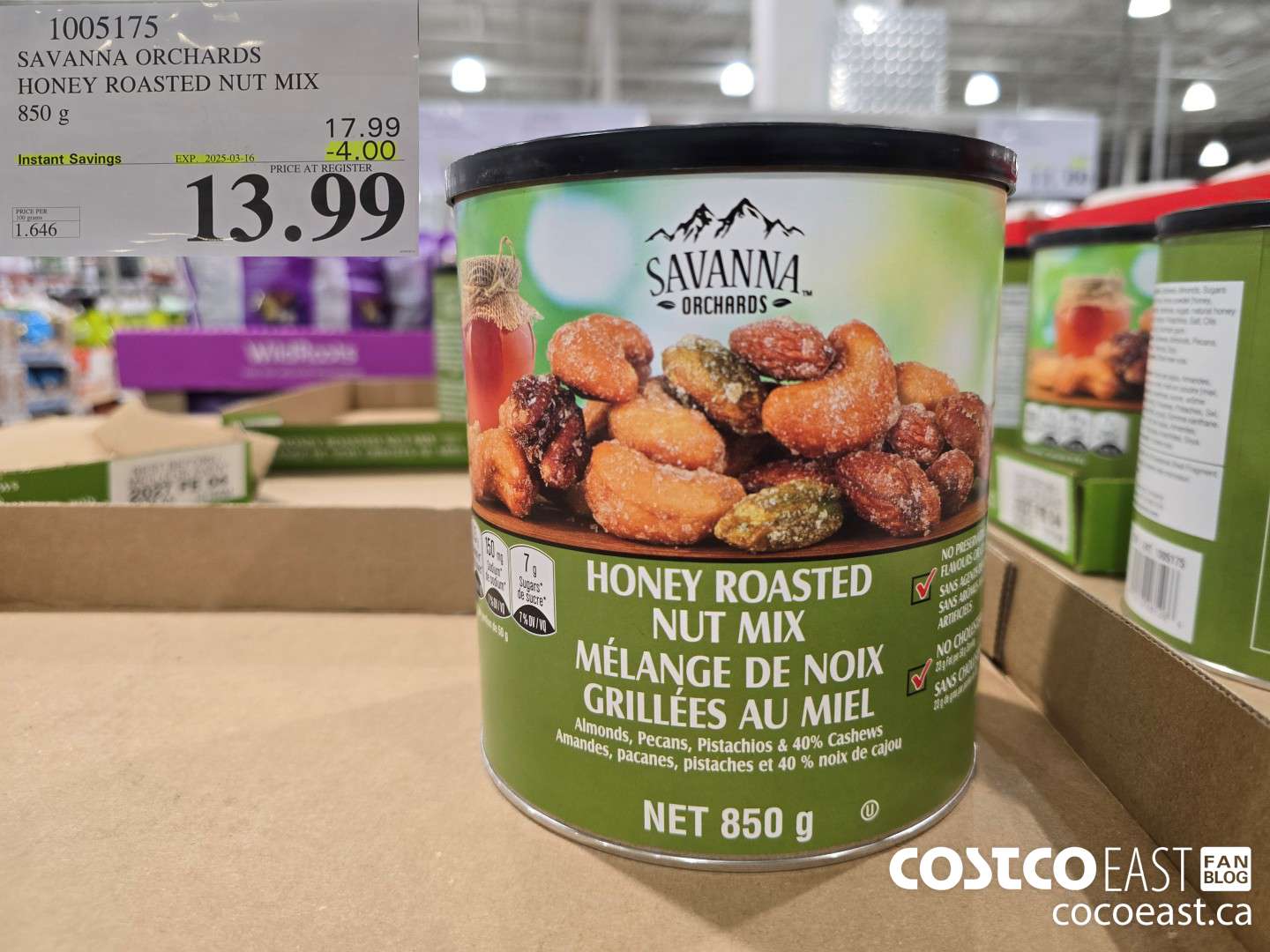 1005175 SAVANNA ORCHARDS HONEY ROASTED NUT MIX 850 G ($4.00 INSTANT SAVINGS EXPIRES ON 2025-03-16) $13.99