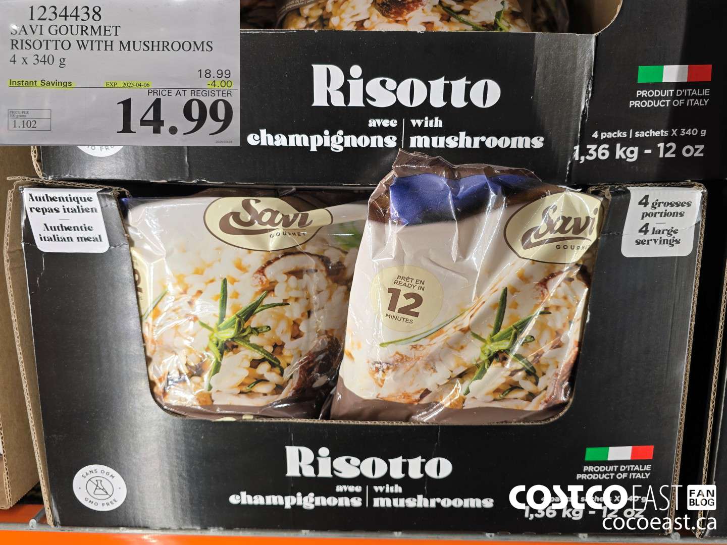 1234438 SAVI GOURMET RISOTTO WITH MUSHROOMS 4 x 340 g ($4.00 INSTANT SAVINGS EXPIRES ON 2025-04-06) $14.99
