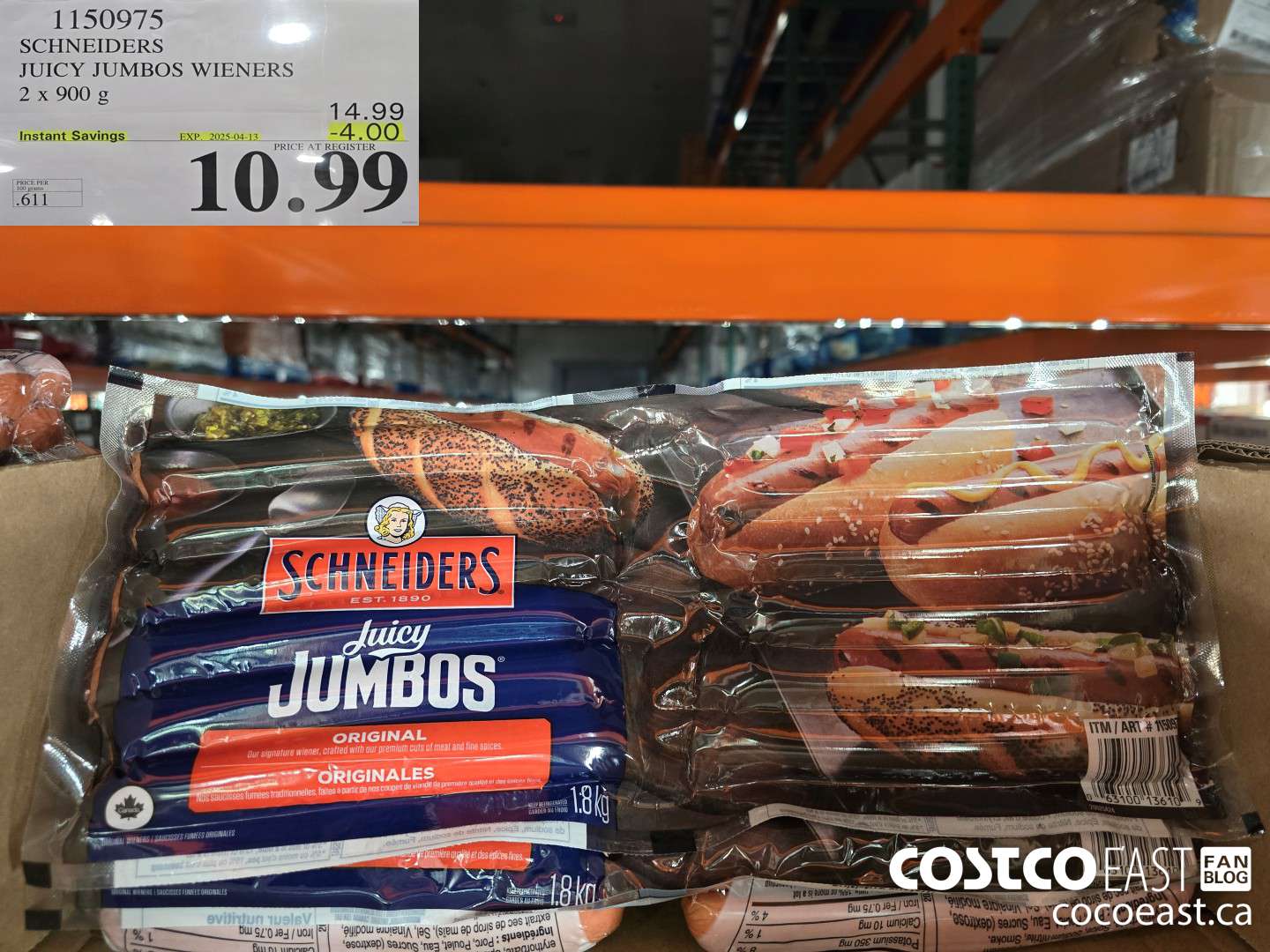1150975 SCHNEIDERS JUICY JUMBOS WIENERS 2 x 900 g ($4.00 INSTANT SAVINGS EXPIRES ON 2025-04-13) $10.99