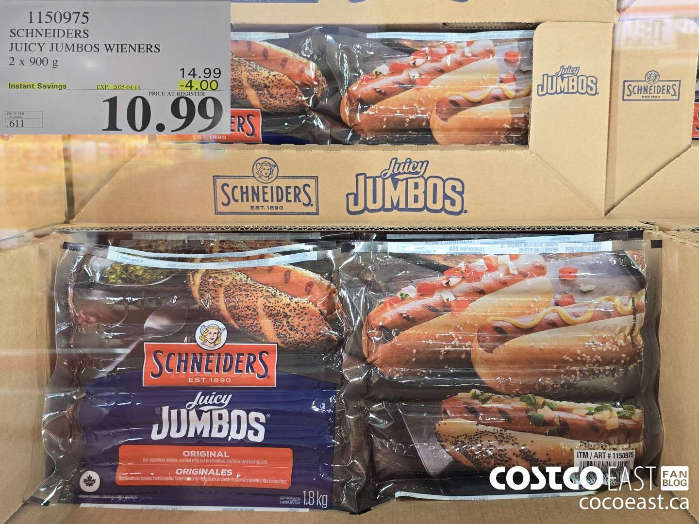 1150975 SCHNEIDERS JUICY JUMBOS WIENERS 2 x 900 g ($4.00 INSTANT SAVINGS EXPIRES ON 2025-04-13) $10.99
